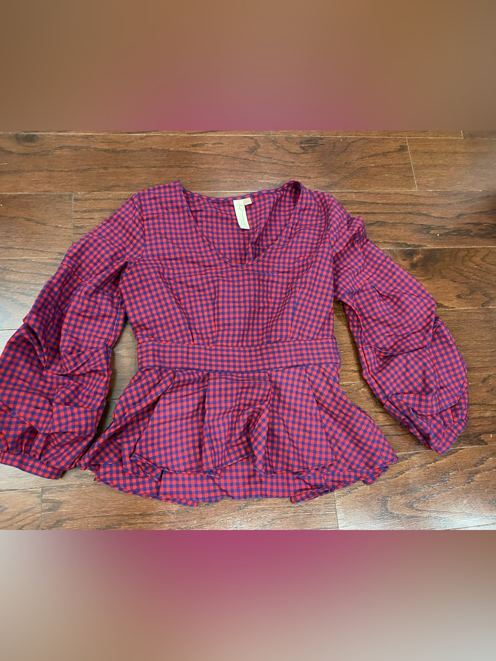 Buffalo plaid Allison Joy ruffle sleeve peplum blouse small